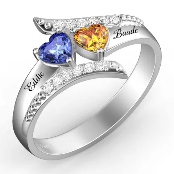 Custom Engraved Double Heart Birthstone Promise Ring